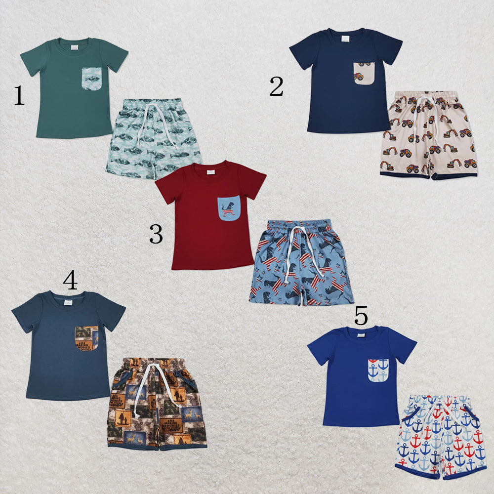 RTS NO MOQ Sibling Baby Boys Baby Boys Pocket Short Sleeve Shirts Top Shorts Clothes Sets