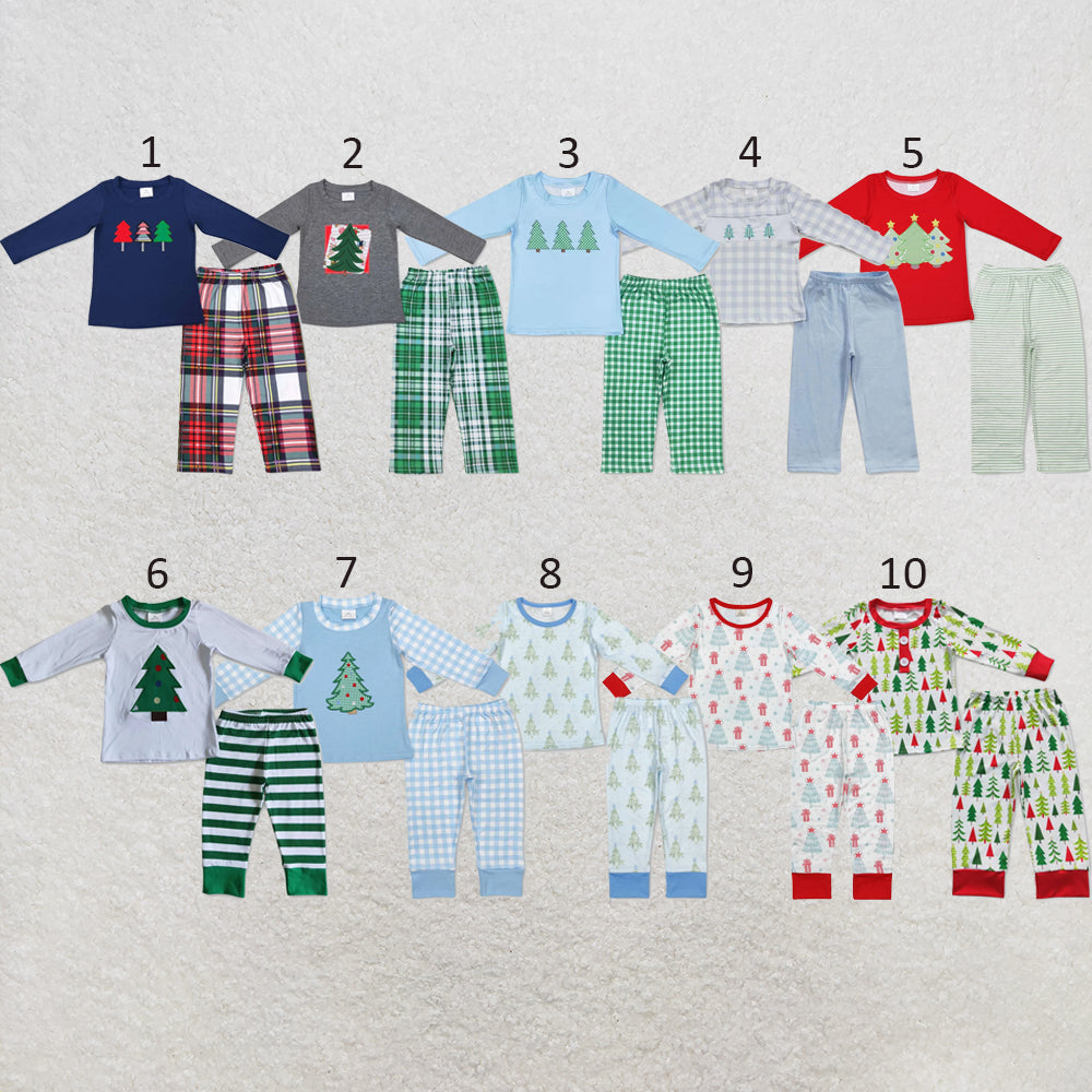 RTS NO MOQ Sibling milk silk Baby Boys Cute Christmas Tree Print Top Checkered Trousers Holiday Clothes