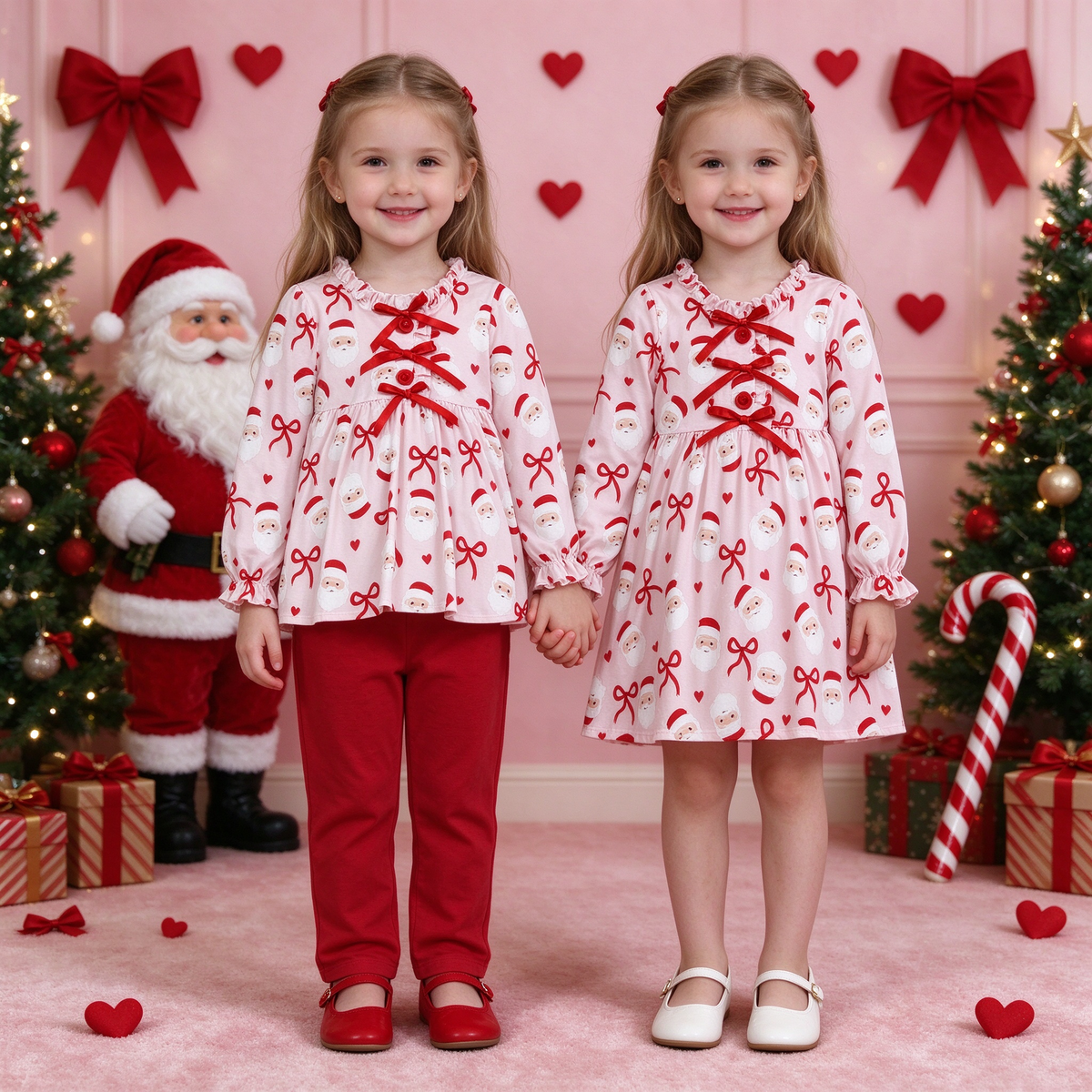 Baby Girls Pink Santa Hearts Collection - Ruffle Top Pants Set & Lantern Sleeve Dress