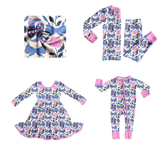 25.9.8 custom each style moq 5eta 4-6week Sibling Sisters floral boot bow baby girl long sleeve pants sets and dress and rompers match family design