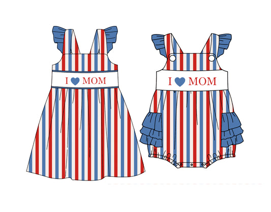 Custom moq 5 mix size Sibling I Love Mom Striped Sleeveless Romper Dress for Baby Girls Cute And Comfortable Summer 4th of July Outfit