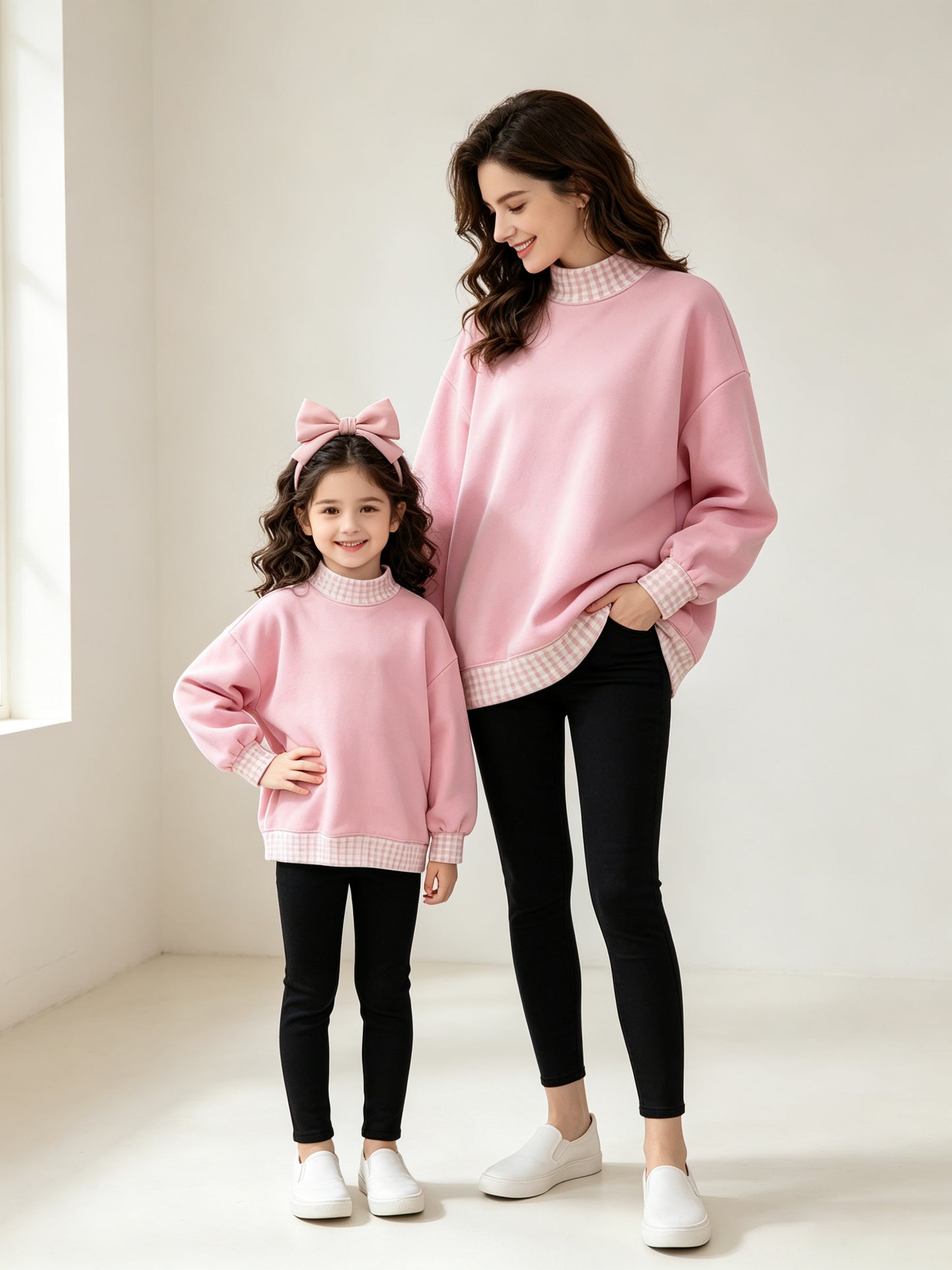 (Preorder new) No moq Kids And Adult Solid Pink Long Sleeve Crew Neck Casual Top