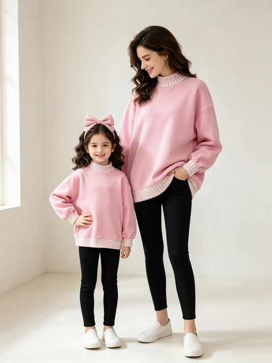 (Preorder new) No moq Kids And Adult Solid Pink Long Sleeve Crew Neck Casual Top