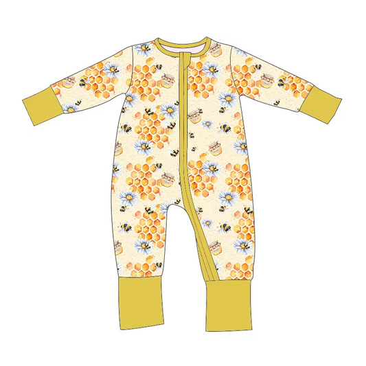 Custom moq 3 eta 6-8 weeks Yellow Honey Long Sleeve Zipper Romper