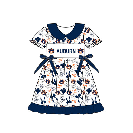 Custom moq 5 mix size milk silk summer teams Baby Girls Navy Blue Peter Pan Collar Knee Length Casual Dress