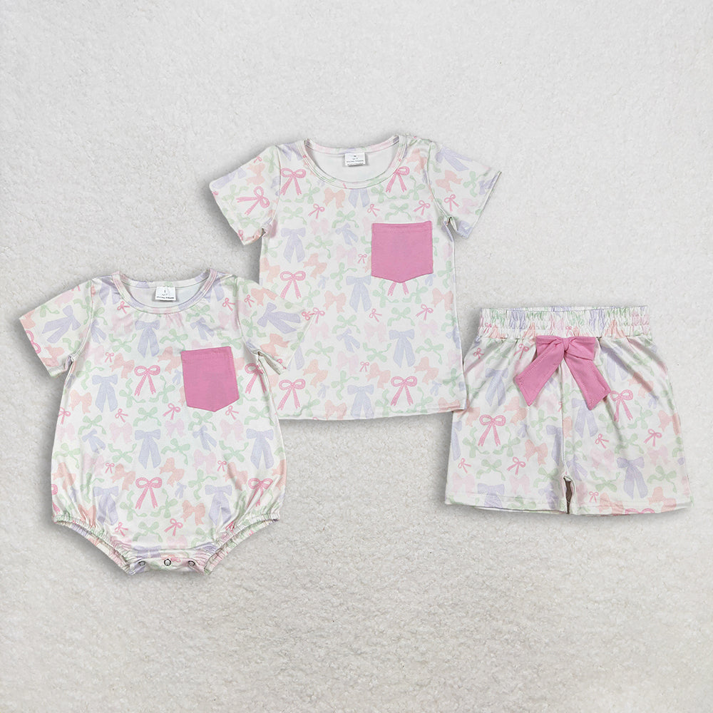RTS NO MOQ sibling baby girls clothes bow short sleeve Clothes Sets and rompers