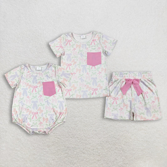 RTS NO MOQ sibling baby girls clothes bow short sleeve Clothes Sets and rompers