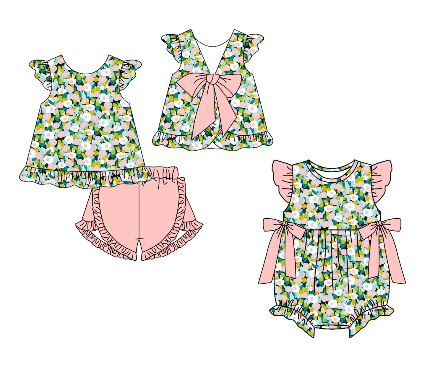 3.14 Custom moq 5 mix size Sibling Baby Girl's Colorful Flowers Flutter-Sleeved Top And Shorts Set with Matching Flutter-Sleeved Romper Outfit Set