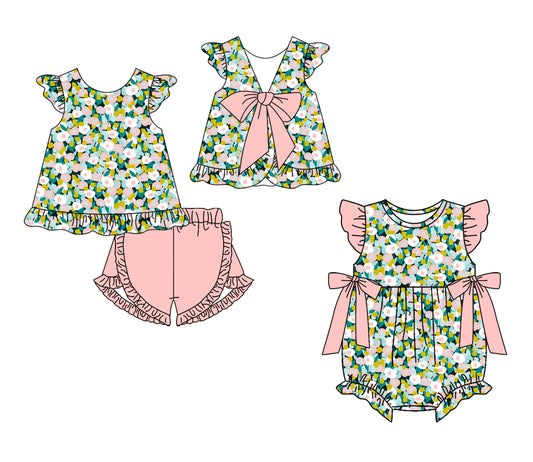3.14 Custom moq 5 mix size Sibling Baby Girl's Colorful Flowers Flutter-Sleeved Top And Shorts Set with Matching Flutter-Sleeved Romper Outfit Set