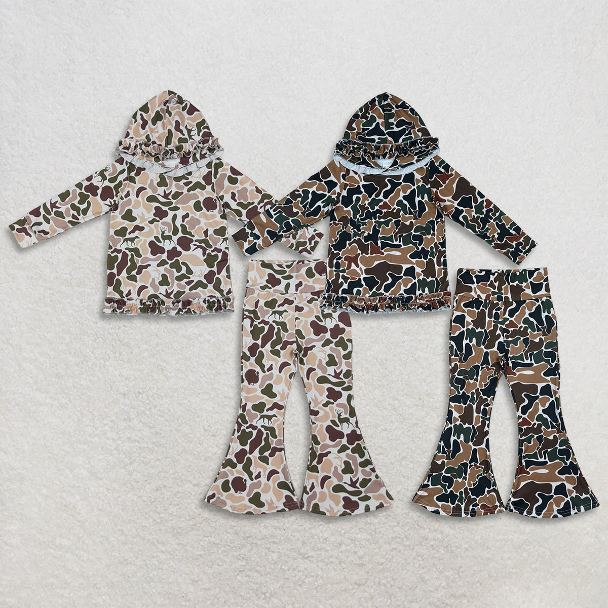 RTS NO MOQ Sibling milk silk Baby Girls Camo Deer Print Ruffle Hooded Top Bell Bottom Pants Clothes Set