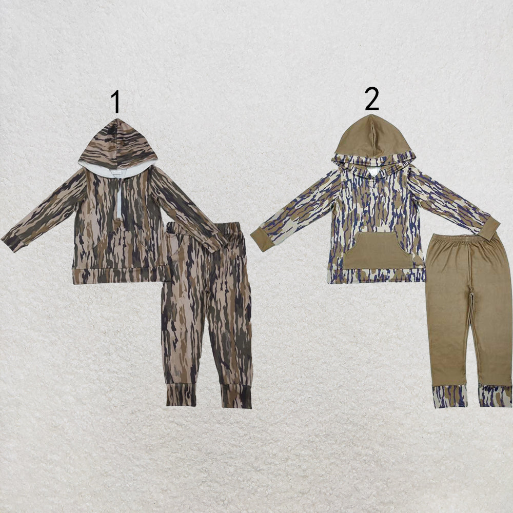 RTS NO MOQ Sibling milk silk Baby Boys Camo Zip Long Sleeve Hoodie And Pants Set