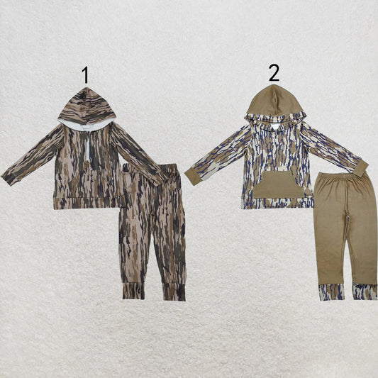 RTS NO MOQ Sibling milk silk Baby Boys Camo Zip Long Sleeve Hoodie And Pants Set