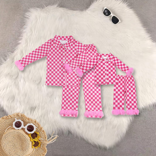 RTS NO MOQ Sibling baby girls clothes and adult clothes Pink plaid Plush Cuffs-Buttons Long Sleeves Pants Pajama Set: Adults & Children