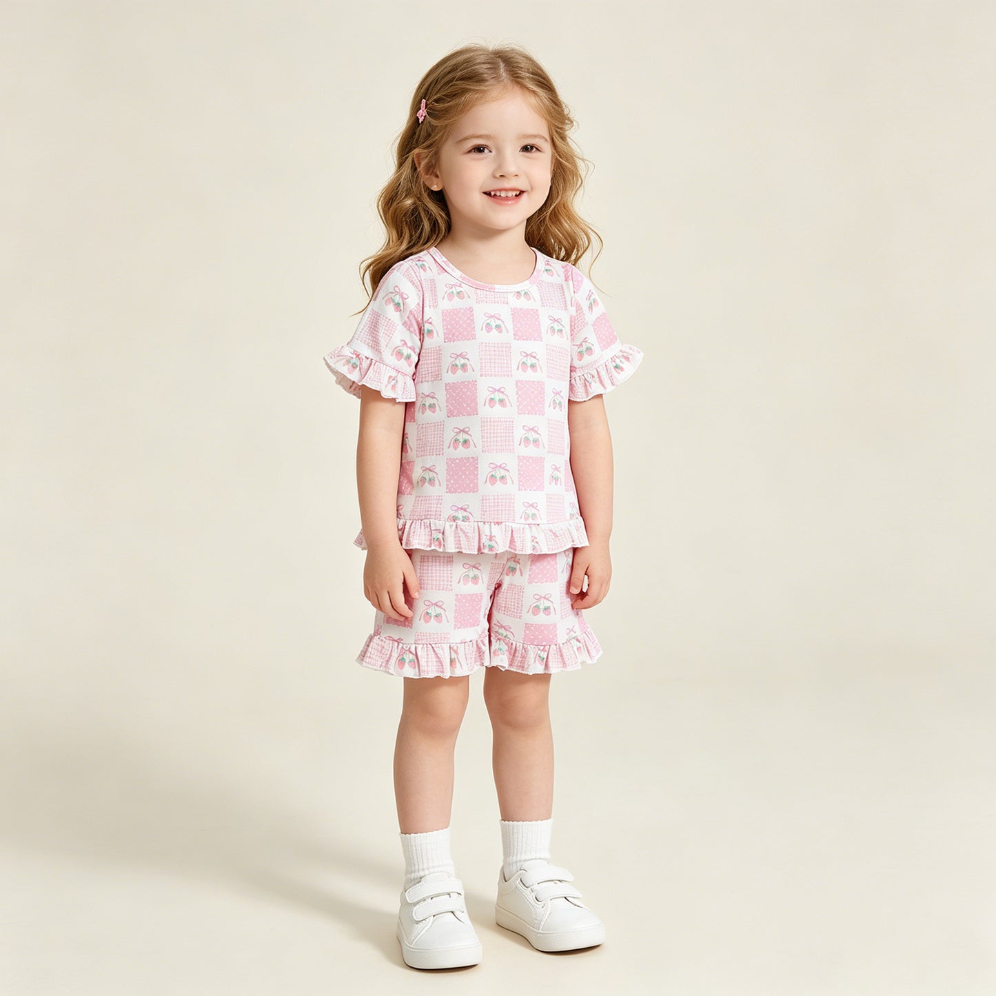 RTS NO MOQ milk silk GSSO3342 Baby Girls Short Sleeve Strawberry Plaid Pink Bow Top Elastic Ruffle Shorts Set