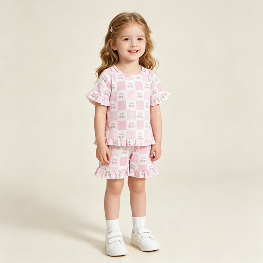 RTS NO MOQ milk silk GSSO3342 Baby Girls Short Sleeve Strawberry Plaid Pink Bow Top Elastic Ruffle Shorts Set