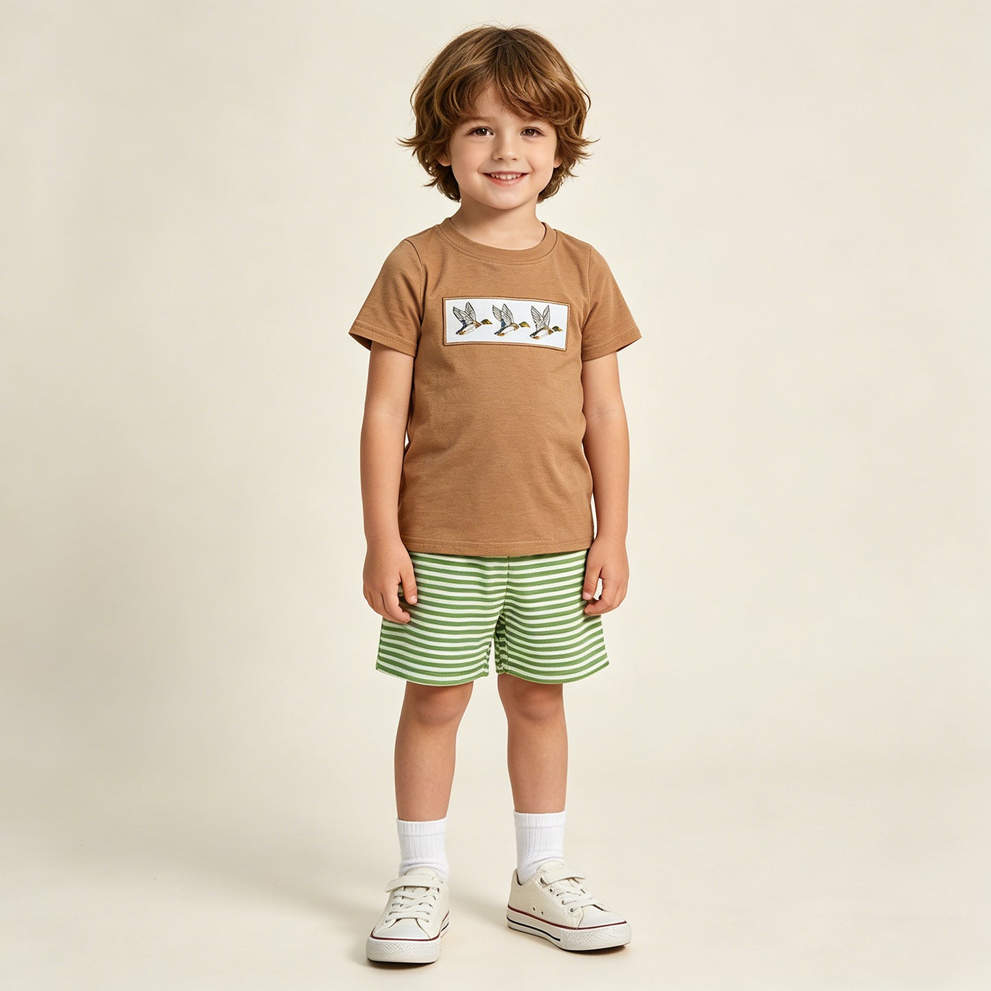 RTS NO MOQ BSSO1947 Baby Boys Hunting Clothes With Duck Embroidery Top And Striped Shorts
