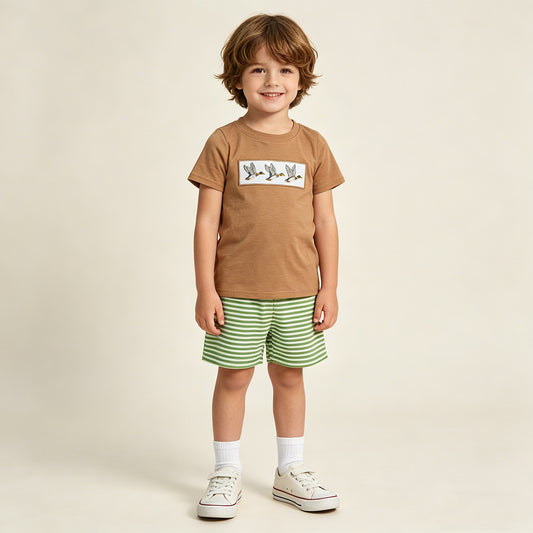 RTS NO MOQ BSSO1947 Baby Boys Hunting Clothes With Duck Embroidery Top And Striped Shorts