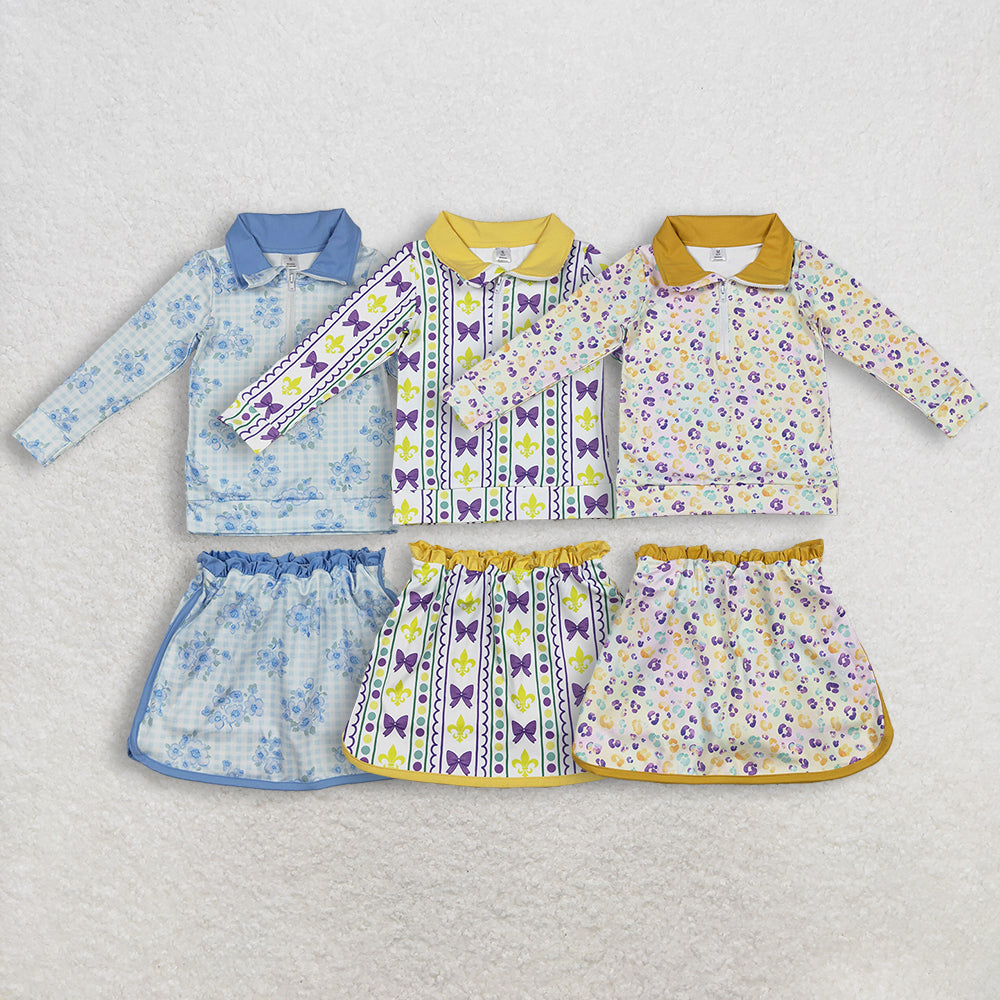 RTS NO MOQ Sibling baby girl clothes yoga mardi gras long-sleeved skirt suits