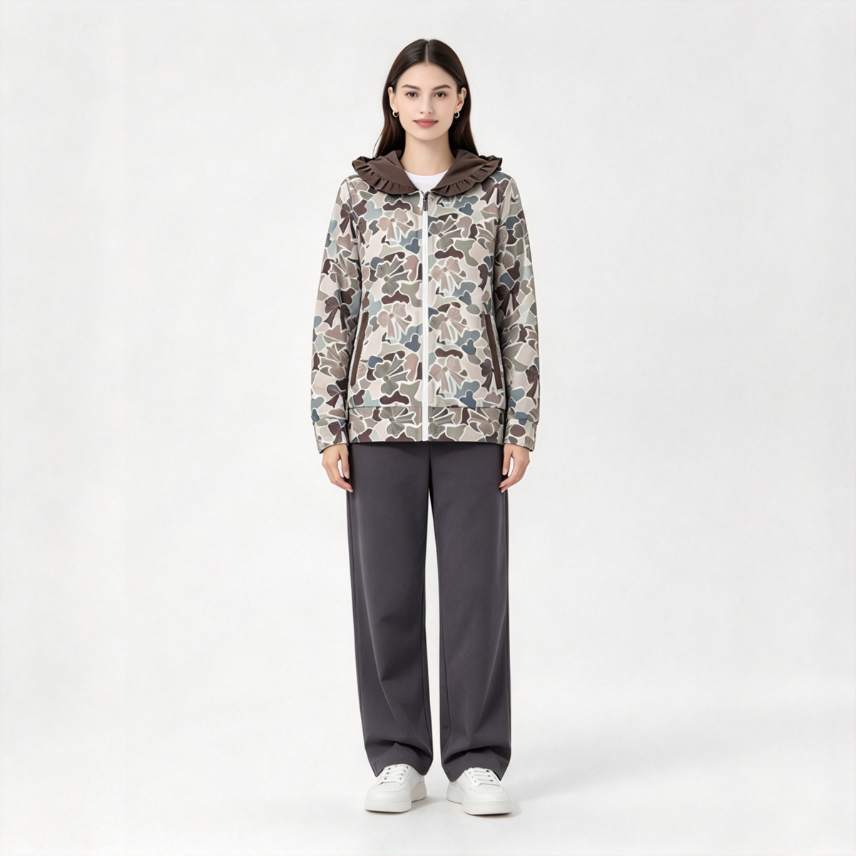 RTS NO MOQ Sibling milk silk Adult Women And Men Camo Print Zip Up Hooded Jacket