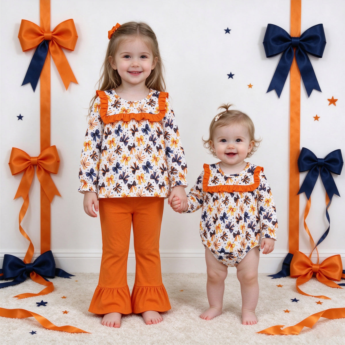 Baby Girls Bows Print Collection - Orange Navy Ruffle Flare Pant Set & Romper