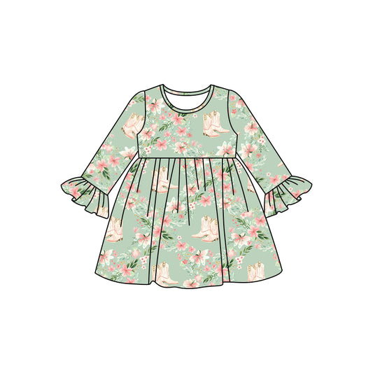 8.2 custom each style moq 5eta 4-6week baby girls clothes boots floral green long sleeve dress