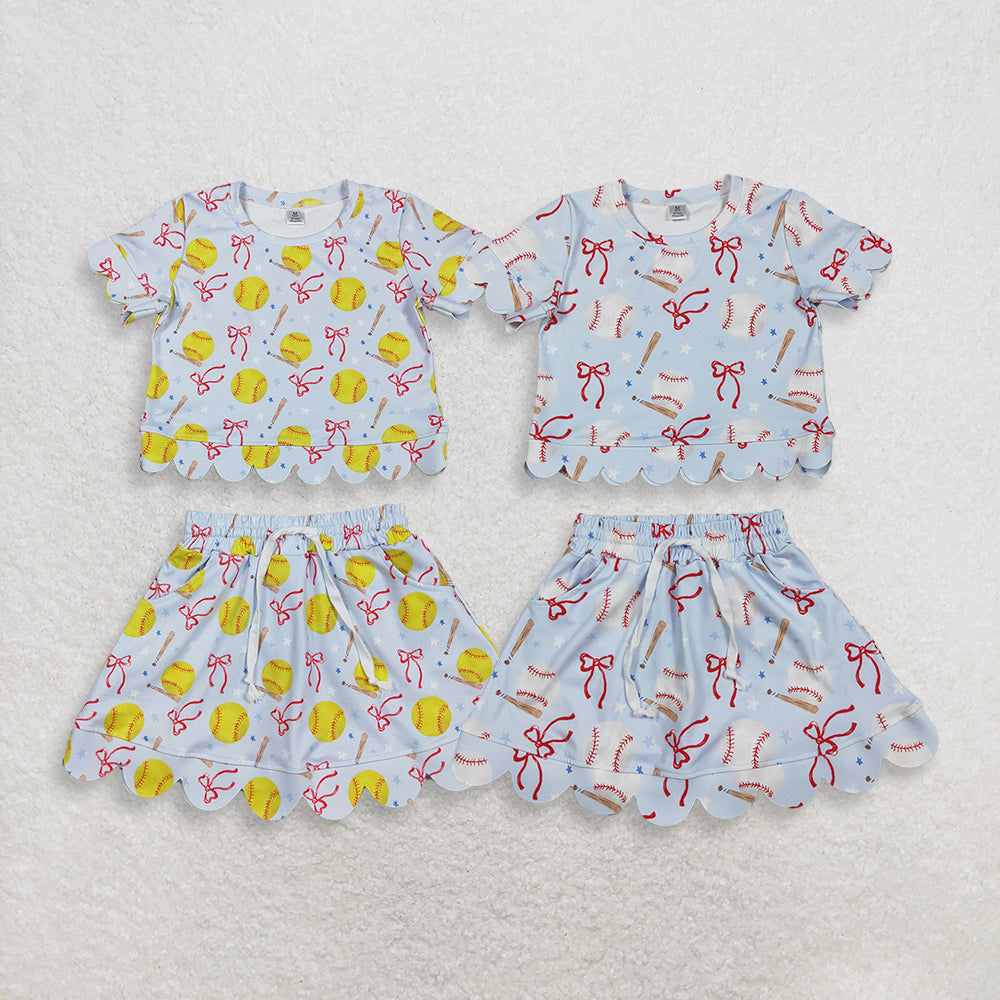 RTS NO MOQ Sibling Baby Girls Cute Softball Print Bow Top Skort Yoga Active Outfit