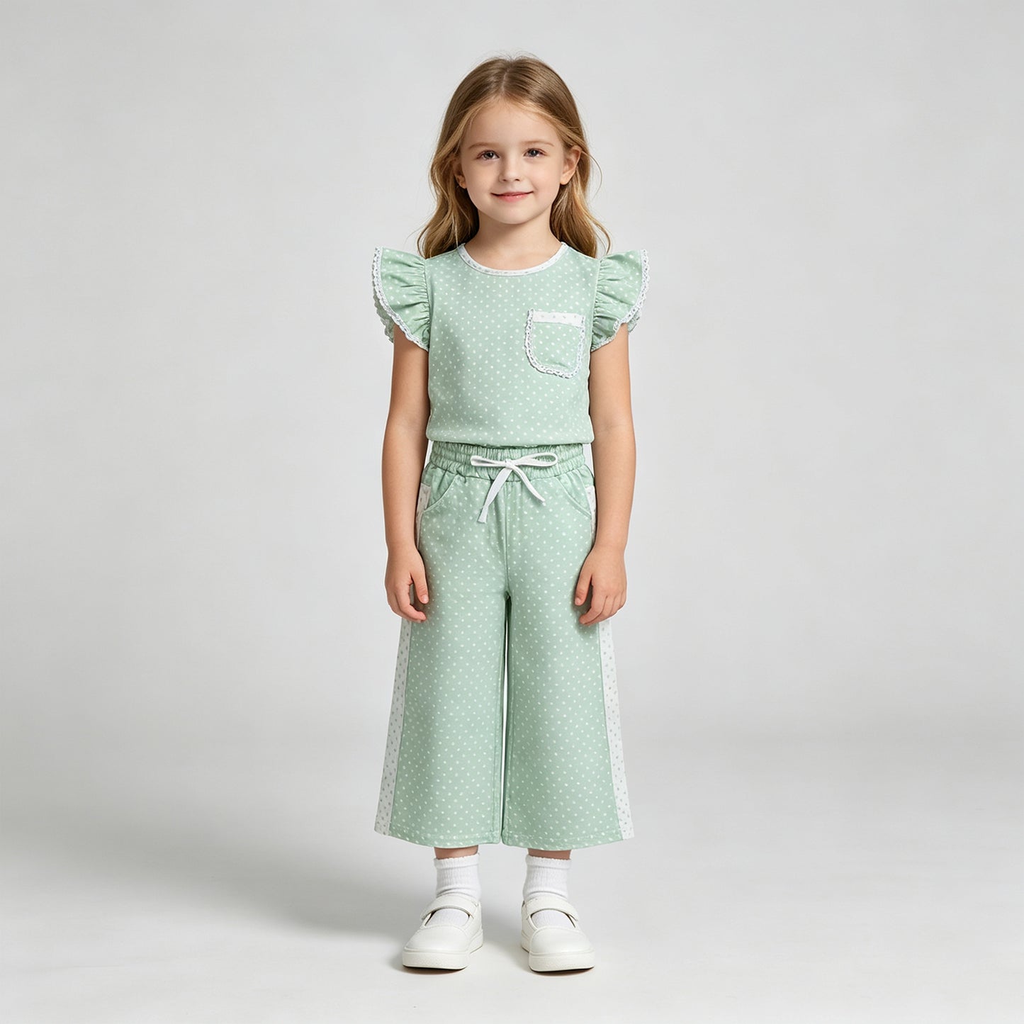 NEW RTS NO MOQ milk silk GSPO2332 Baby Girls Light Green Polka Dots Pocket Top Flare Pant Clothes Sets