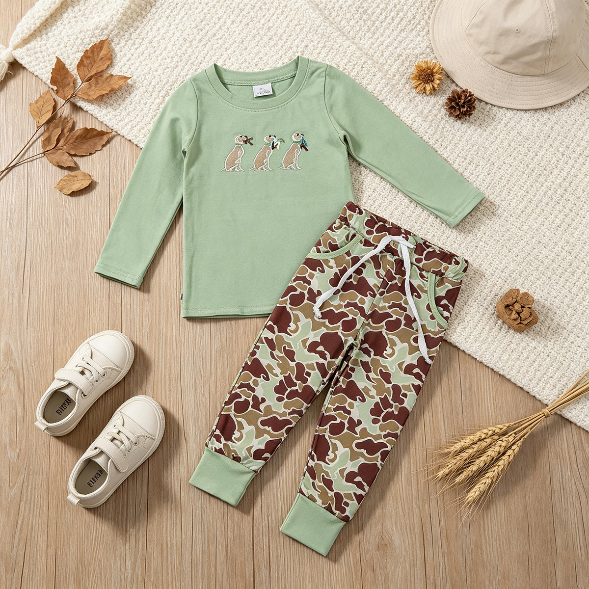 NEW RTS NO MOQ milk silk BLP1492 Embroidery Boys Dog Duck Print Top Matching Camo Pocket Jogger Hunting Clothes Set
