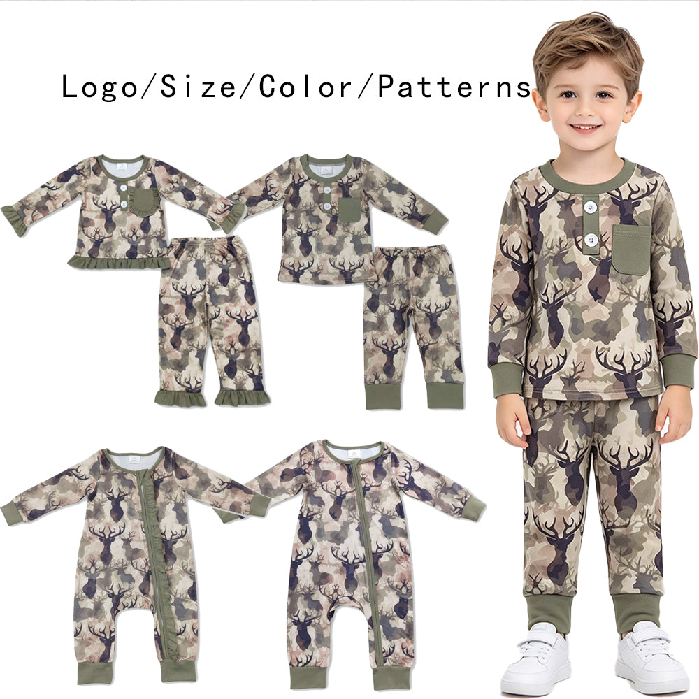 RTS NO MOQ Sibling milk silk Baby Boys Girls Deer Camo Long Sleeve Ruffle Top Pants Pajamas Set And Zipper Romper