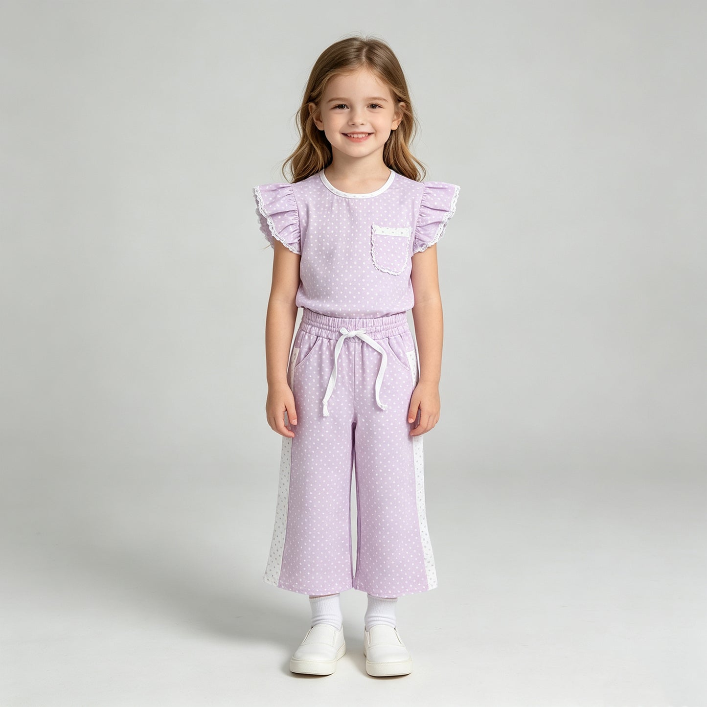 NEW RTS NO MOQ milk silk GSPO2328 Baby Girls Purple Polka Dots Pocket Top Flare Pant Clothes Sets