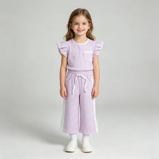 NEW RTS NO MOQ milk silk GSPO2328 Baby Girls Purple Polka Dots Pocket Top Flare Pant Clothes Sets
