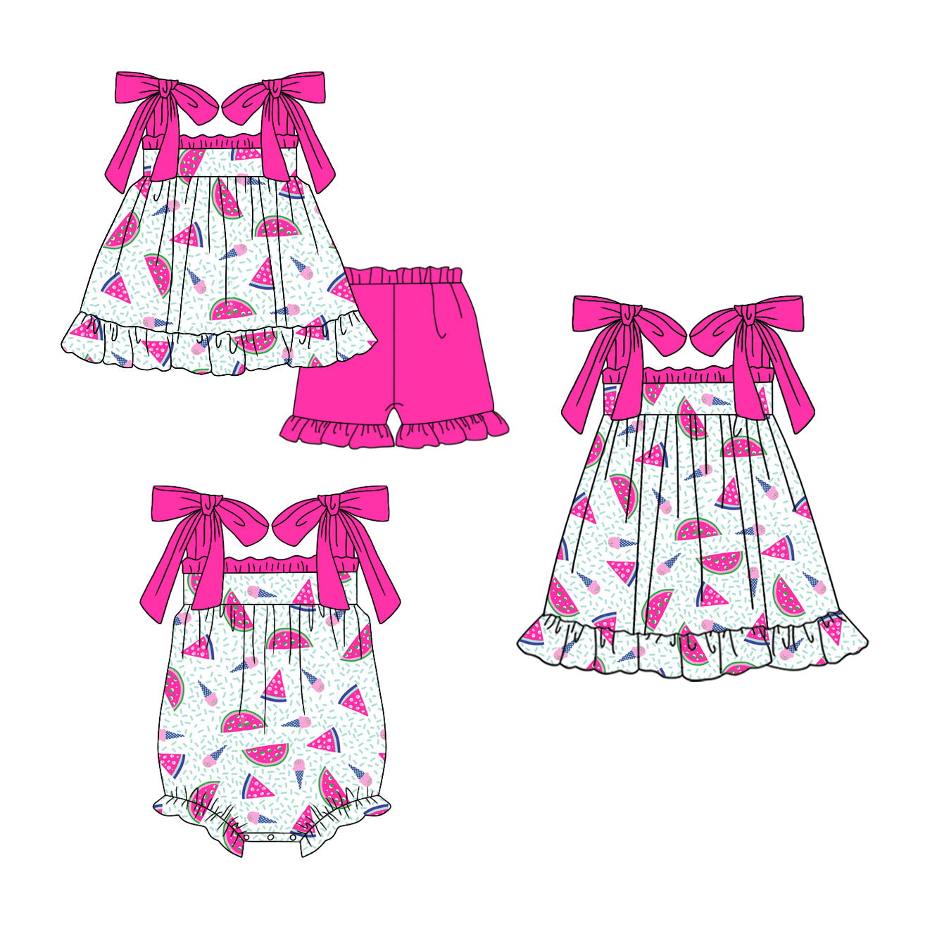 11.22 custom each style moq 5eta 4-6week Sibling Sister watermelon pink baby girl short sleeve shorts sets and dress and rompers match family design