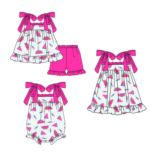 11.22 custom each style moq 5eta 4-6week Sibling Sister watermelon pink baby girl short sleeve shorts sets and dress and rompers match family design
