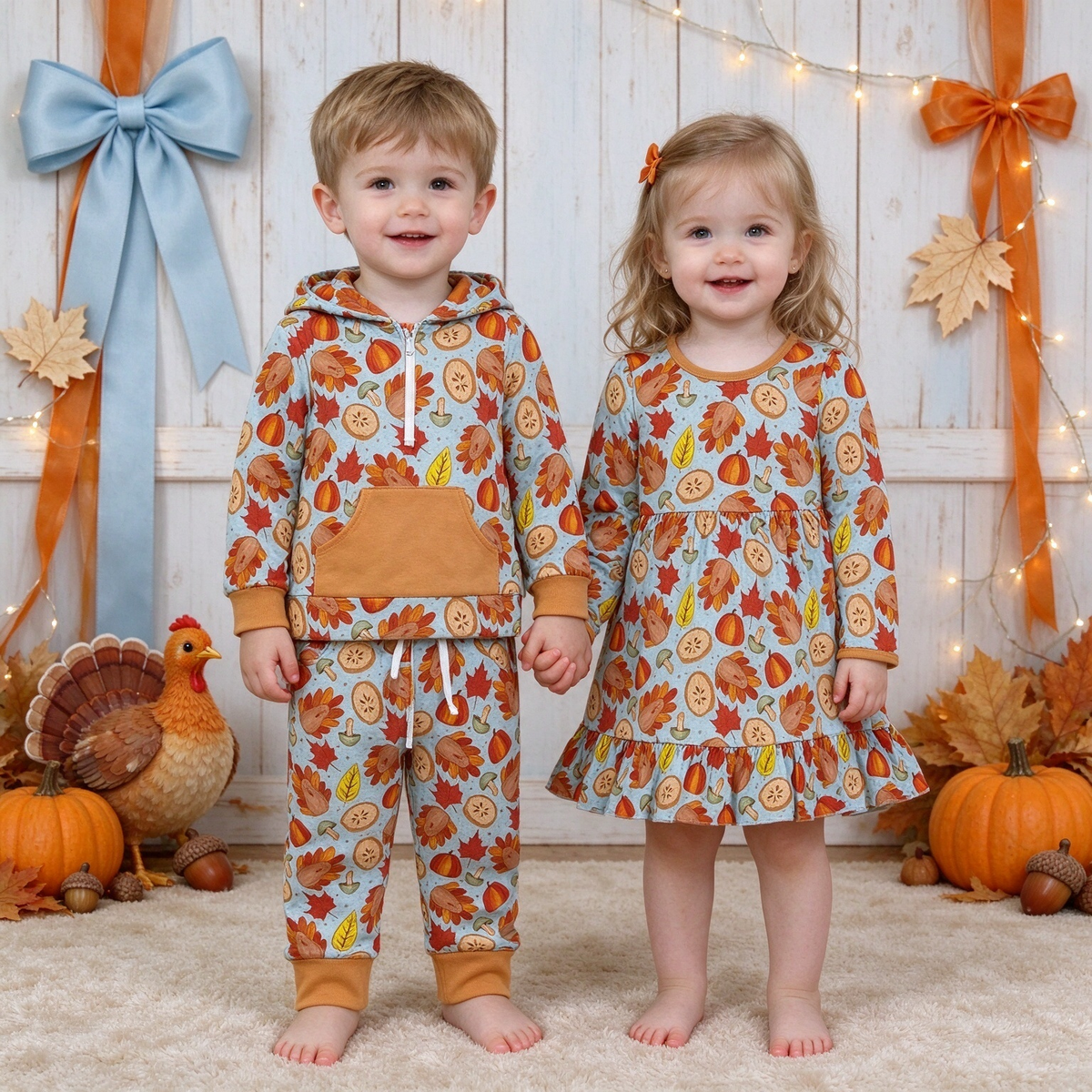Sibling Kids Thanksgiving Turkey Apple Pie Hoodie Set & Ruffle Dress Collection