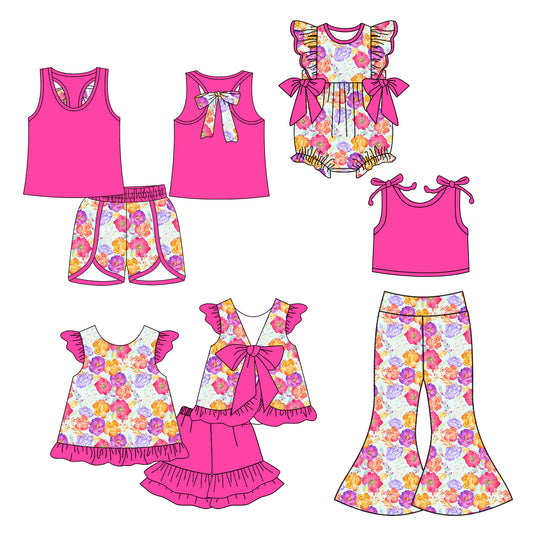 5.5 custom each style moq 5eta 4-6week Sibling Sisters floral baby girl short sleeve shorts sets 1 and sets 2 and pants sets and rompers match family design