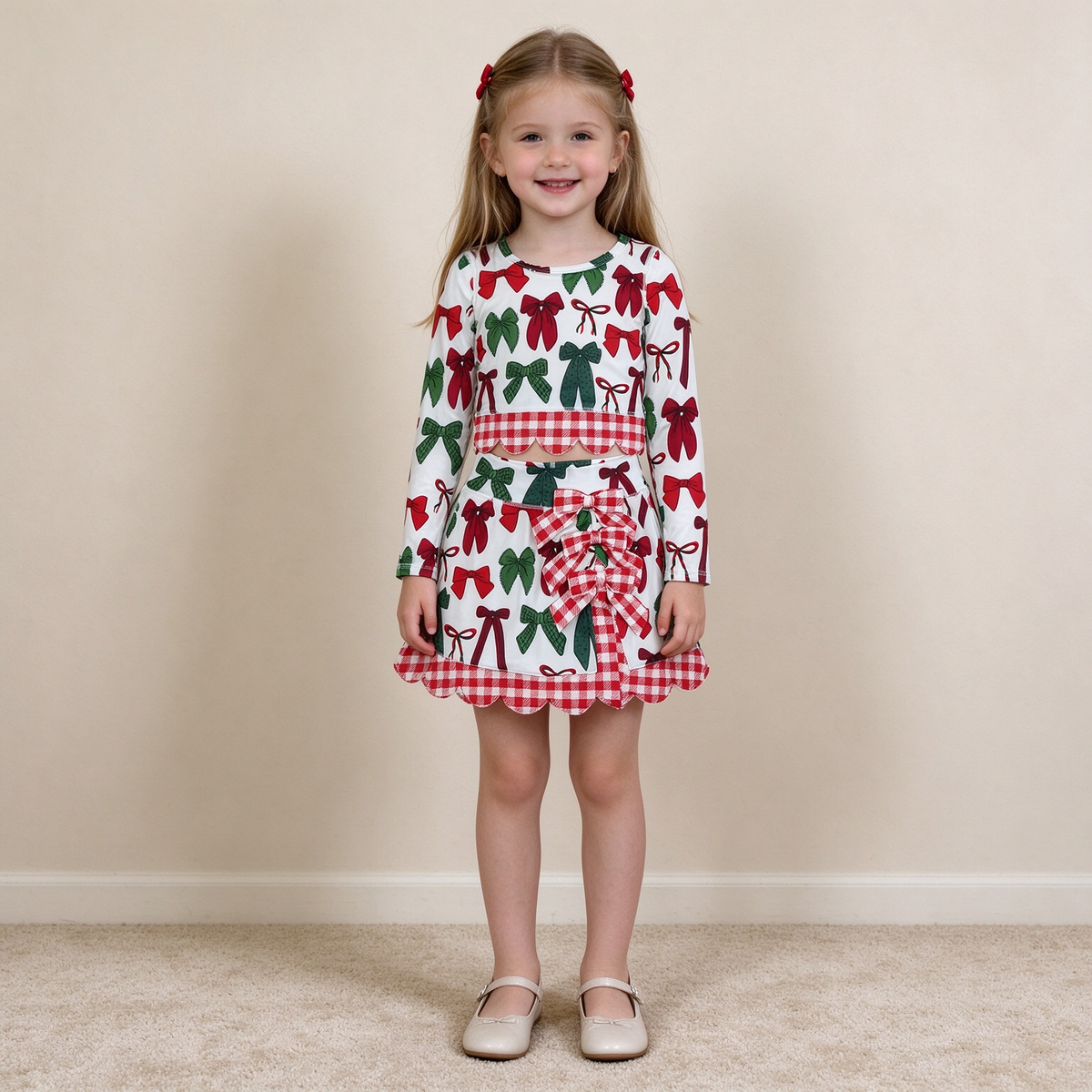 NEW RTS NO MOQ yoga fabric GLD1677 Baby Girls Green Red Bows Top Bows Skort Short Christmas Yoga Active Scallop Clothes Set Cute Holiday Outfit