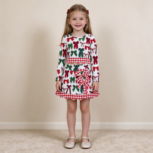 NEW RTS NO MOQ yoga fabric GLD1677 Baby Girls Green Red Bows Top Bows Skort Short Christmas Yoga Active Scallop Clothes Set Cute Holiday Outfit