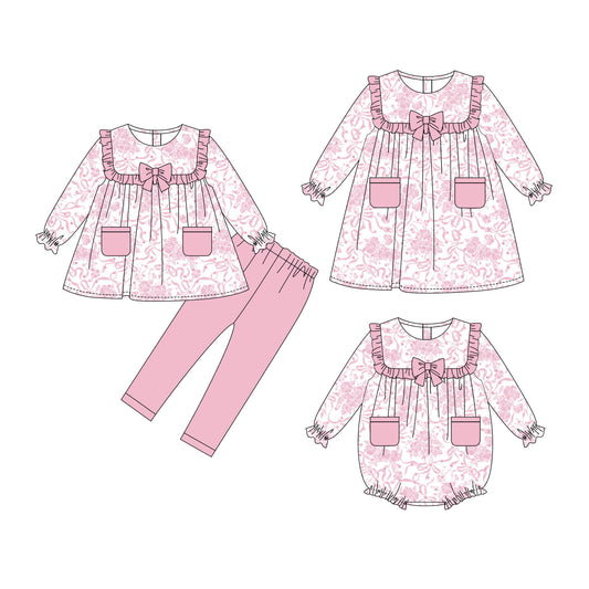 25.10.3 custom each style moq 8 eta 6-8week Sibling Sisters floral bow baby girl long sleeve pants sets and dress and rompers match family design