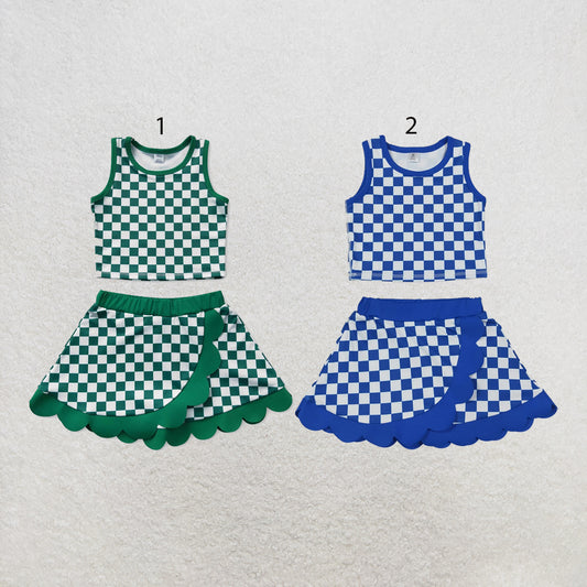 RTS NO MOQ Sibling yoga fabric Baby Girls Check Printed Top Scallop Skort Summer Yoga Active Clothes Set