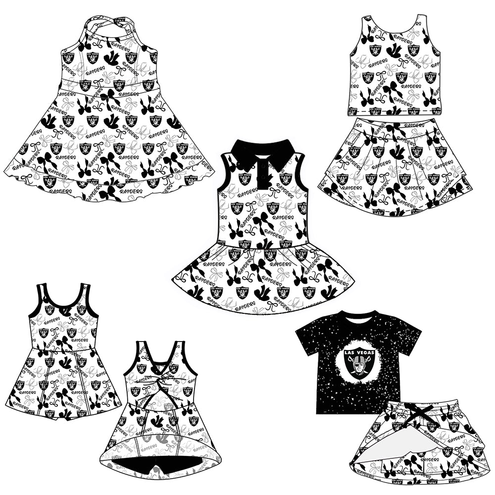 Custom moq 5 mix sizes summer teams baby girls clothes team black short sleeve skirts shorts sets dress 1 and dress 2 and dress 3 and dress 4-25.6.4
