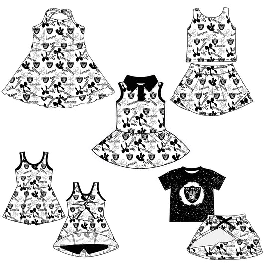Custom moq 5 mix sizes summer teams baby girls clothes team black short sleeve skirts shorts sets dress 1 and dress 2 and dress 3 and dress 4-25.6.4