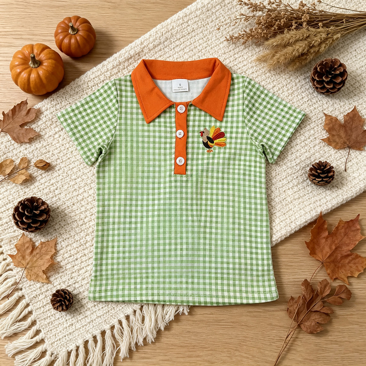 NEW RTS NO MOQ milk silk BT1889 Polos For Kids Boys Green Checked Turkey Thanksgivings Button Polo Top