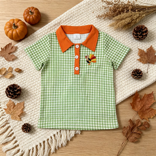 NEW RTS NO MOQ milk silk BT1889 Polos For Kids Boys Green Checked Turkey Thanksgivings Button Polo Top