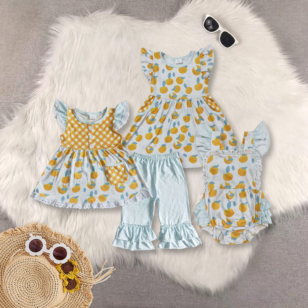 RTS Sibling baby girls clothes orange fruit flying sleeve shorts sets and dress and rompers