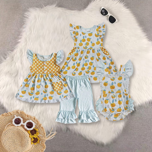 RTS Sibling baby girls clothes orange fruit flying sleeve shorts sets and dress and rompers