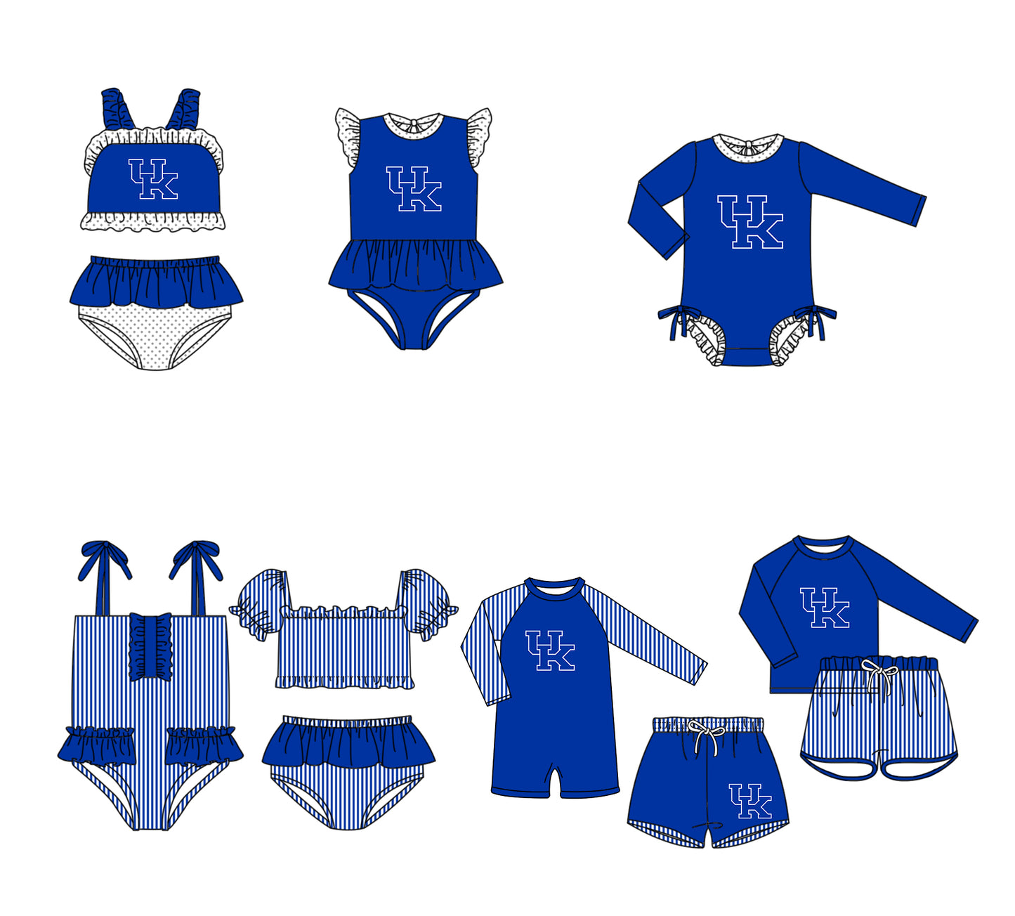 Custom moq 5 mix size milk silk summer teams baby girl boys clothes Blue Two-Piece Swimsuit Set One Piece Swimsuits boy swim trunks