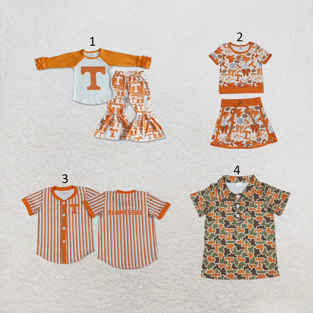 RTS NO MOQ Sibling milk silk Baby Girls Boys Orange Top Bell Bottom Pants Team Set Button Polo Shirts Top