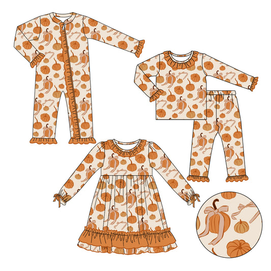 25.5.8 custom each style moq 5eta 4-6week Sibling Sisters pumpkin bow baby girl long sleeve pants sets and dress and rompers match family design