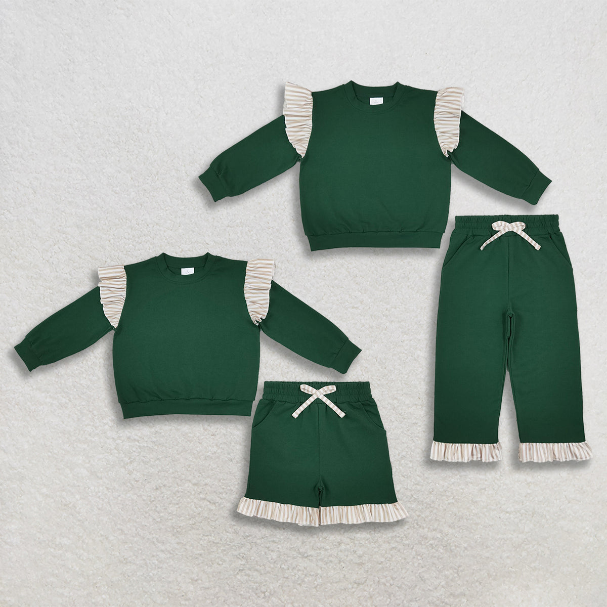 RTS NO MOQ Sibling milk silk Baby Girls Green Stripe Ruffle Long Sleeve Top Pant Short Set