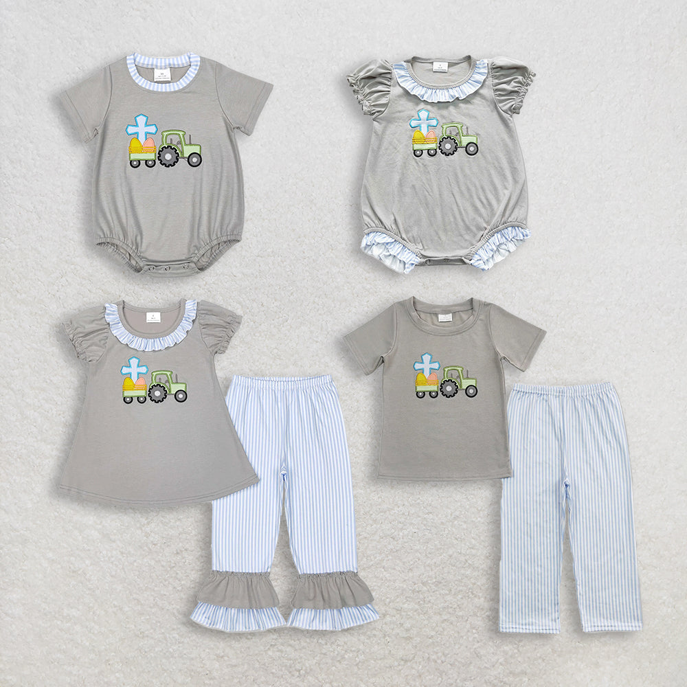 RTS NO MOQ Sibling Boys Baby Girls Easter Eggs Romper Outfit Clothing Set with Tee Shirt And Pants